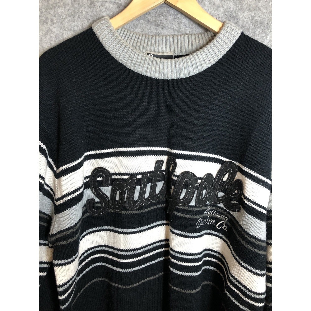 Southpole Sweater Mens 2XL Black Stripe‎ Acrylic Spellout Casual Classic